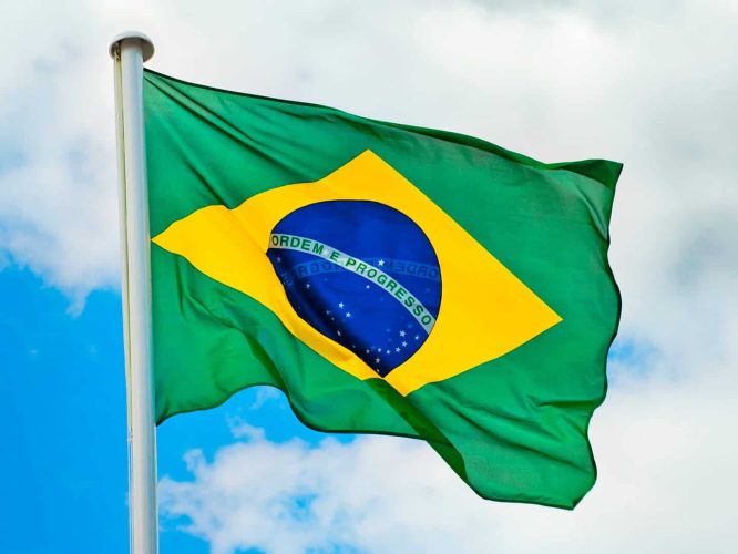 The flag of Brazil waving in the wind.